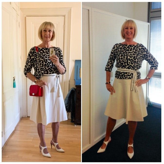 Outfit Tuesday cream skirt with leopard jumper