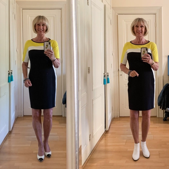 Yellow, black and white dress