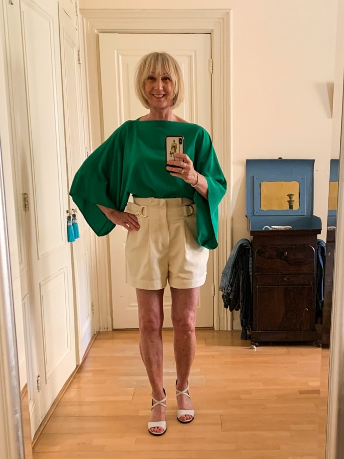 shorts with silk blouse