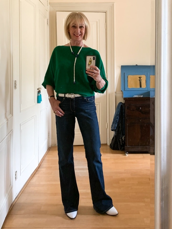 Green jumper on Paige jeans Wednesday
