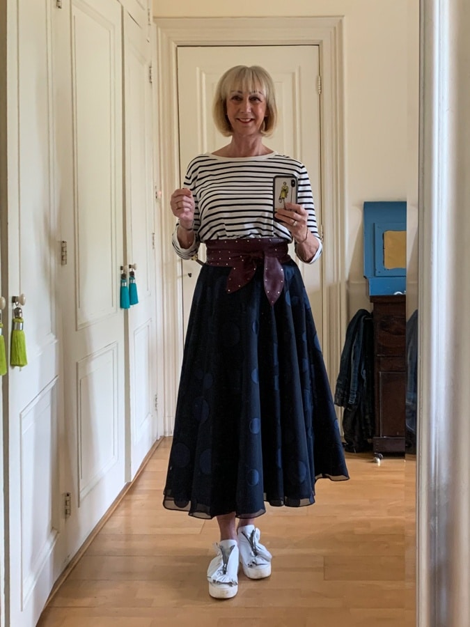 Wide blue maxi skirt with dots