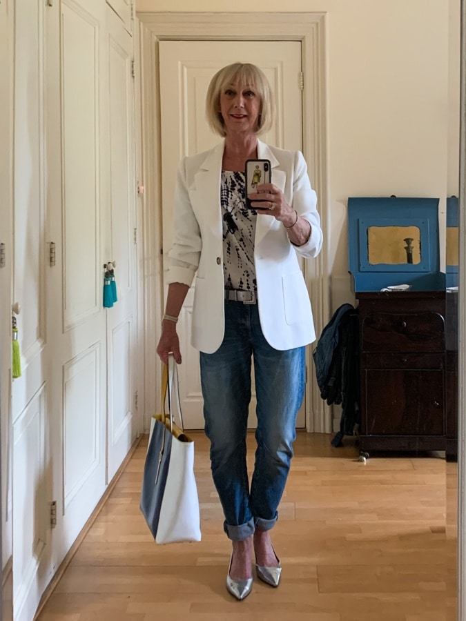White jacket with boyfriend jeans