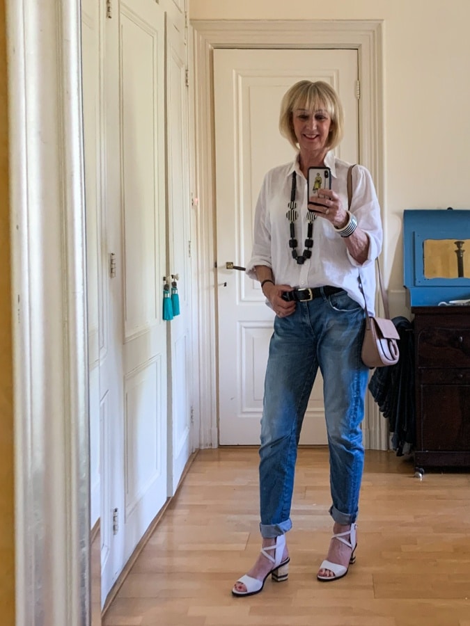 Boyfriend jeans and white linen shirt