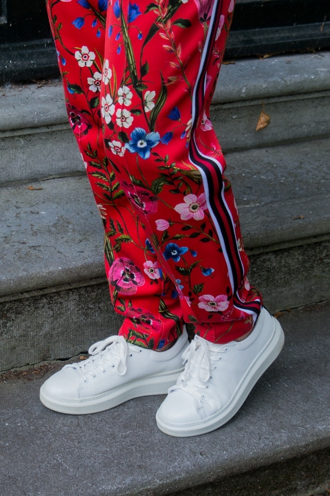 Floral red trousers with side stripe