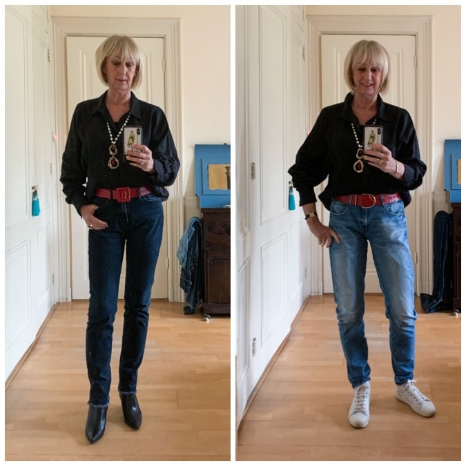 Black linen shirt on two different jeans