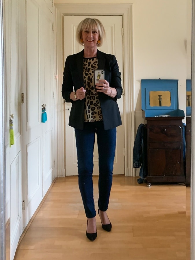 Black jacket, leopard top