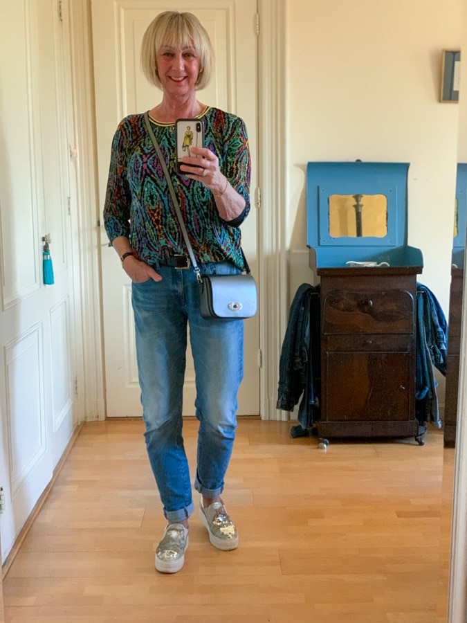 pewter bag on jeans