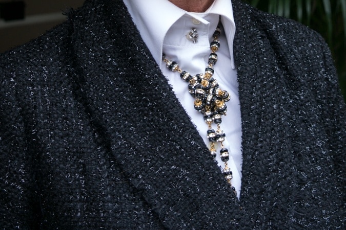 Chanel style blazer and Paris necklace