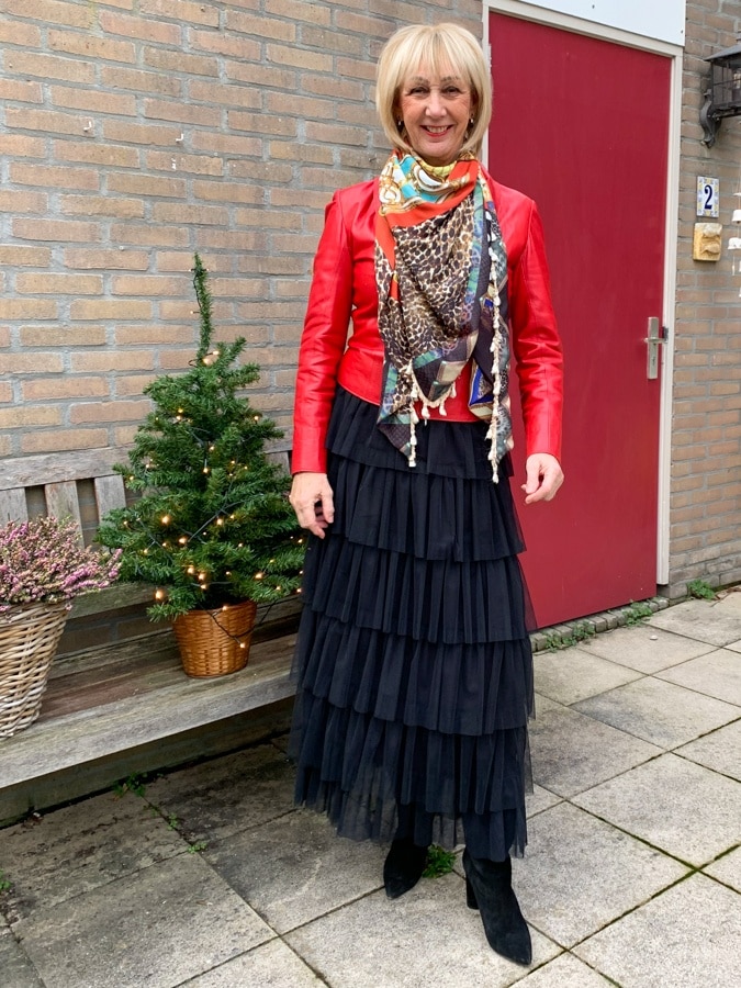 Hope tiered ruffle skirt with leather jacket