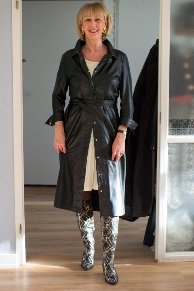 black shirt dress with python print boots