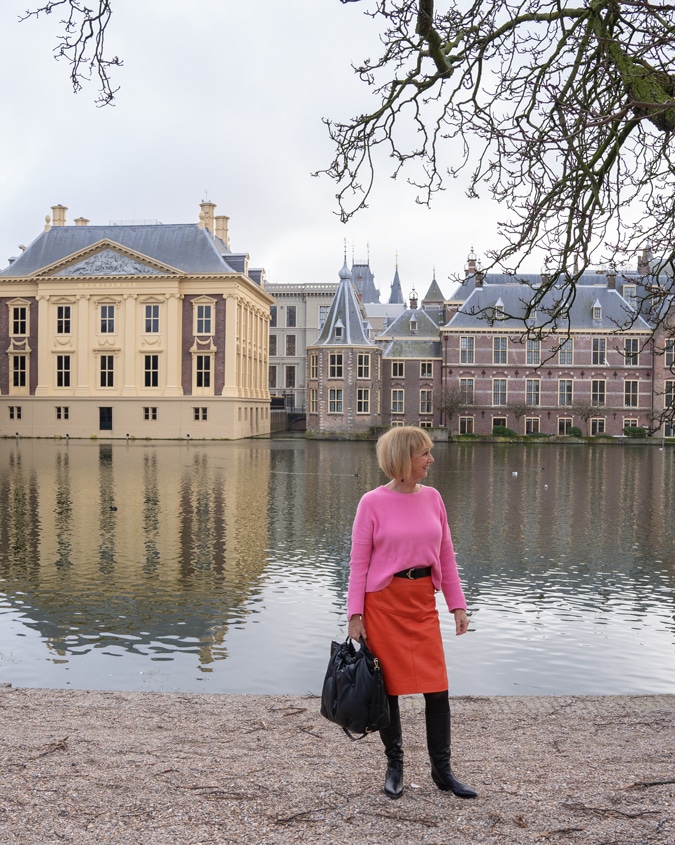 Orange leather skirt with pink jumper