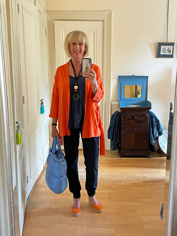 Outfit with orange jacket