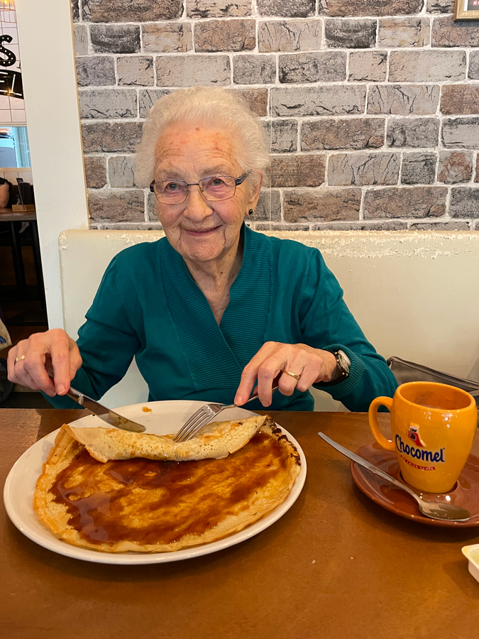 Mum eating pancakes