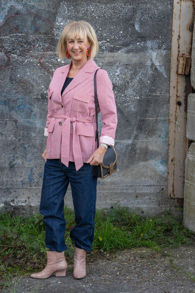 Red and white jacket with the baggy jeans